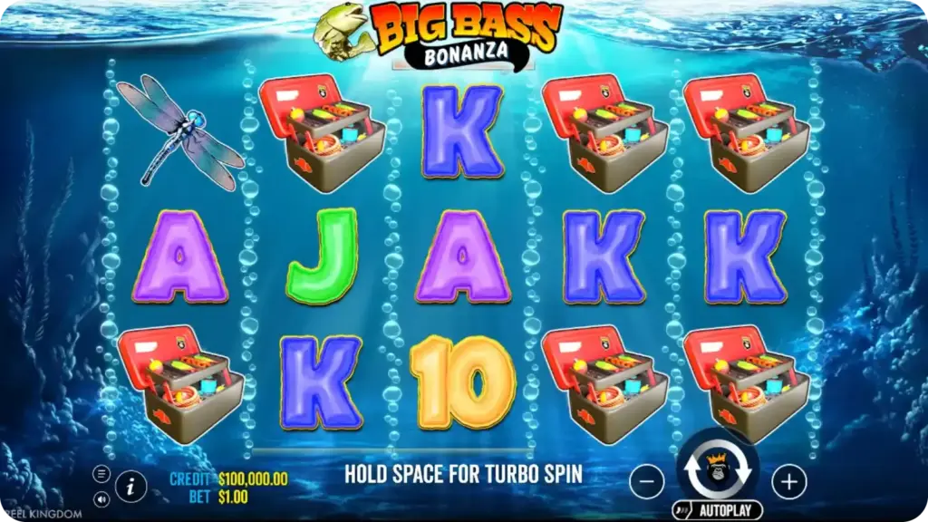 Big Bass Bonanza base gameplay on a 5x3 reel set with 10 fixed paylines, card symbols, fishing gear, fish icons, fisherman wild and boat scatter